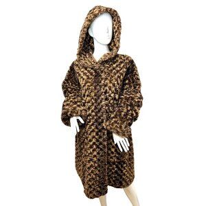 John Weitz Vintage Coat M Brown Tan Curly Faux Fur Hood Pockets Oversized Knee